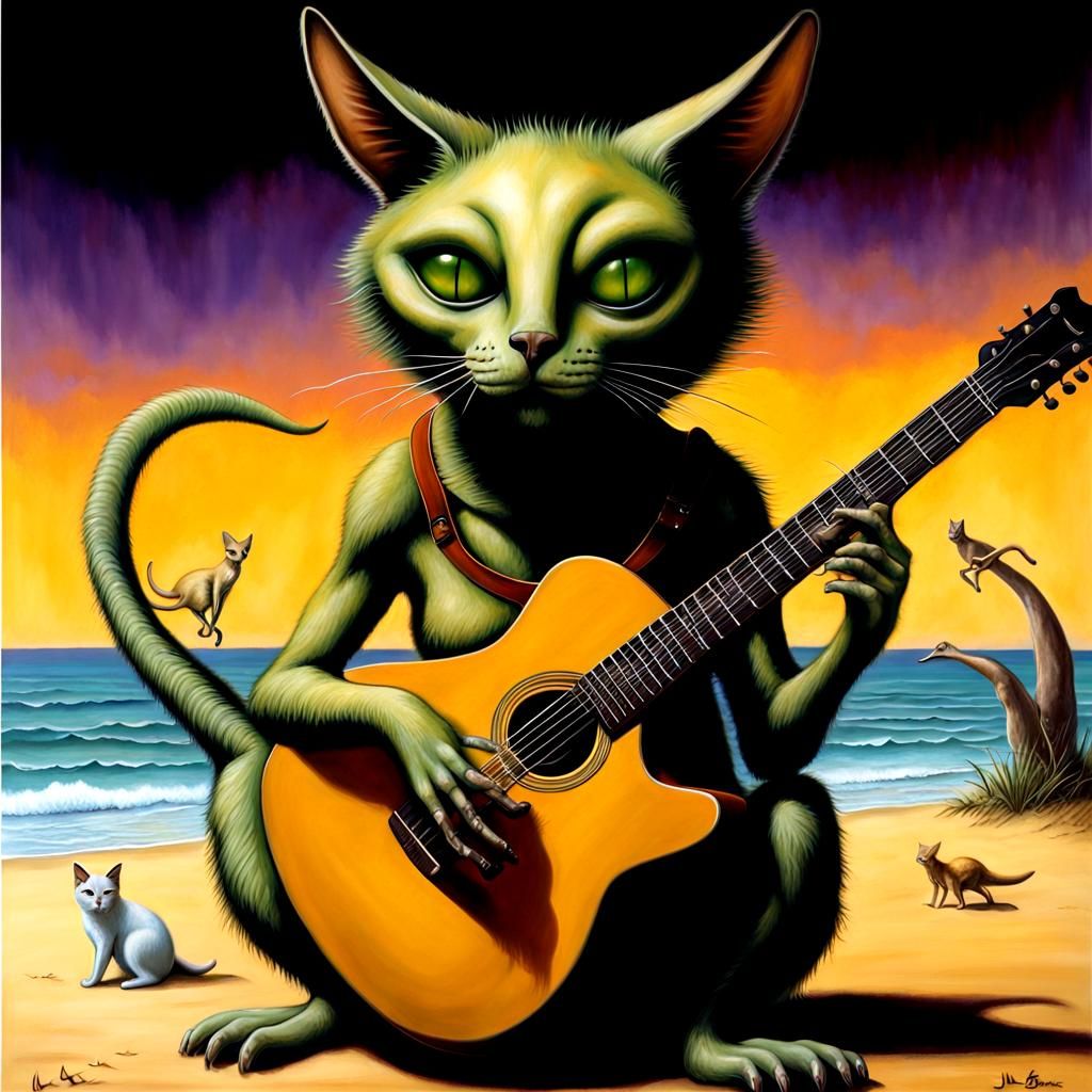 Surreal Green Alien Beachcomber with Cat and Guitar