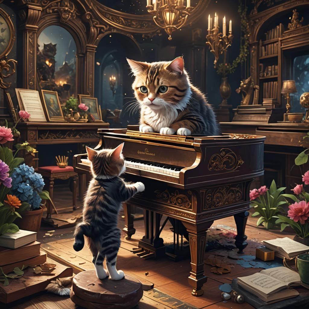 Cat Playing Piano in Detailed Fantasy Style