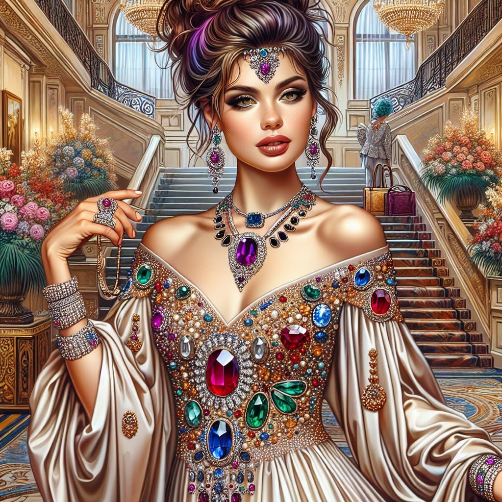 Glamorous Woman in Gems: Airbrush-Style Oil Painting