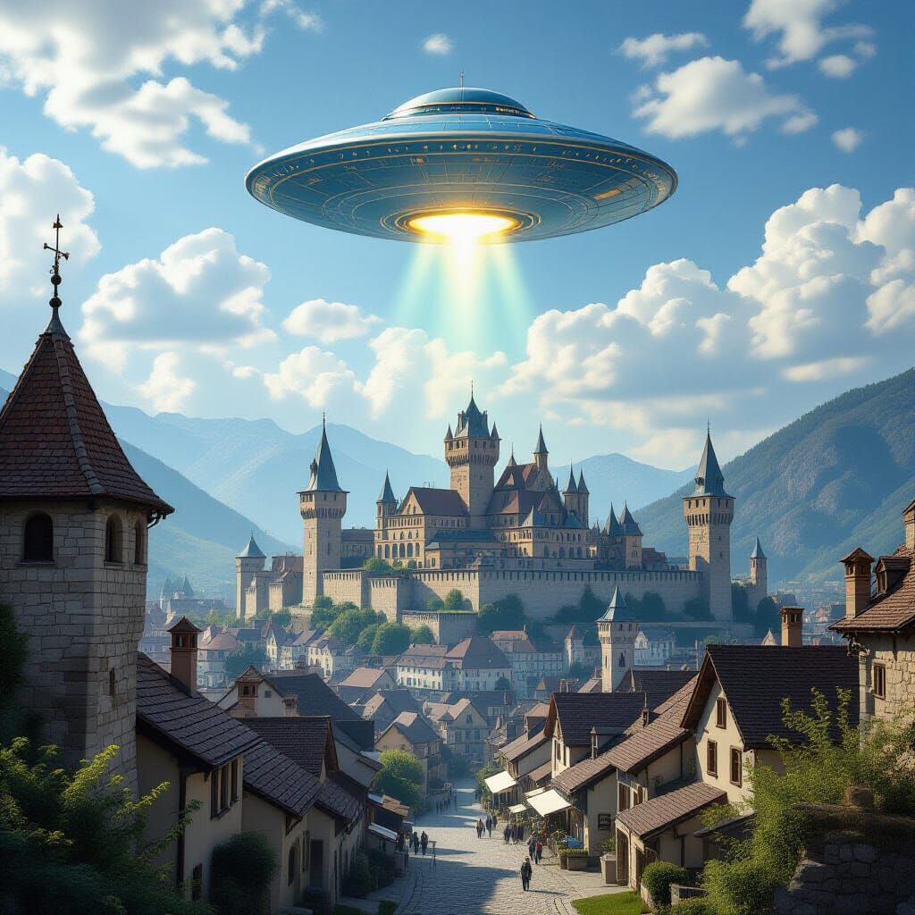 UFO Over Medieval Town: A Sci-Fi Encounter