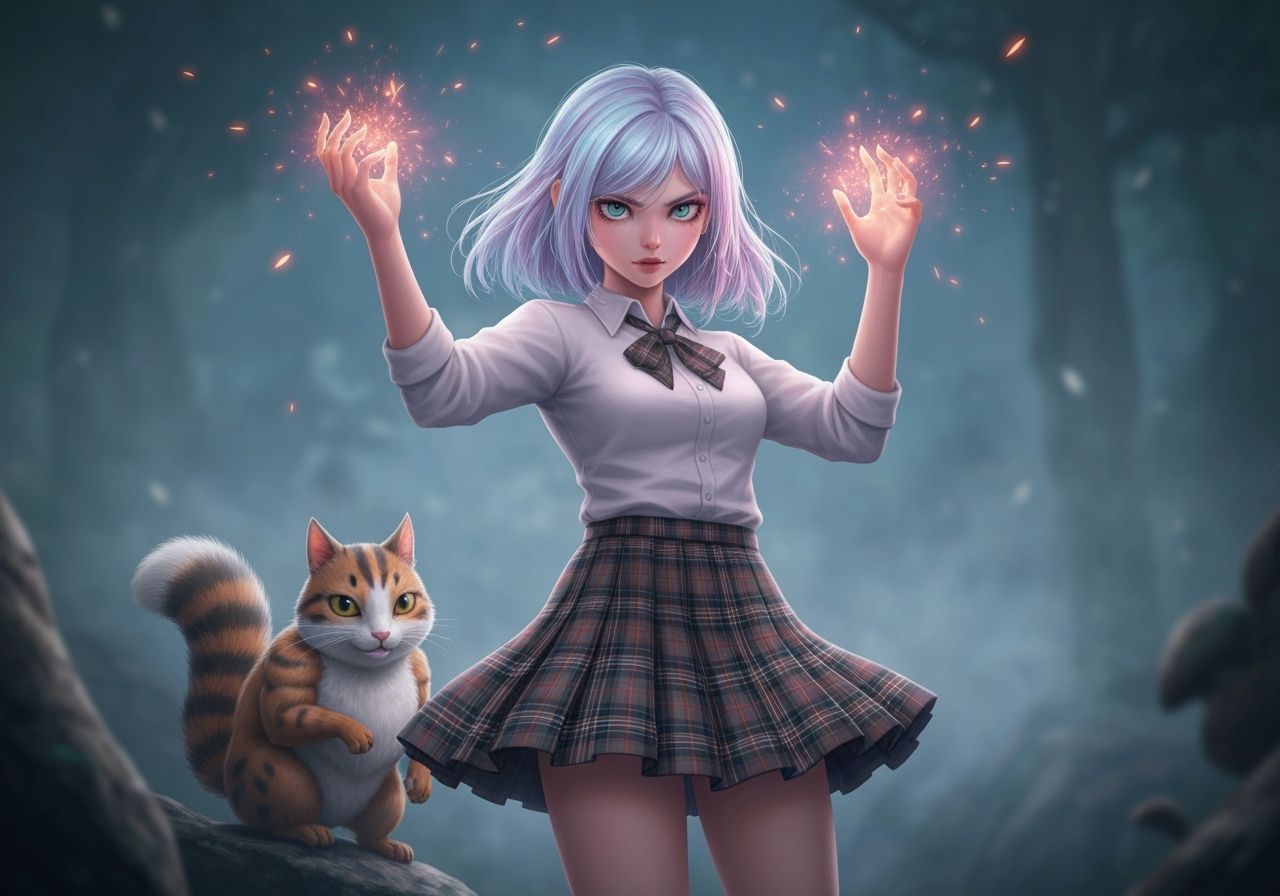 Magical Girl with Calico Cat Squirrel Familiar