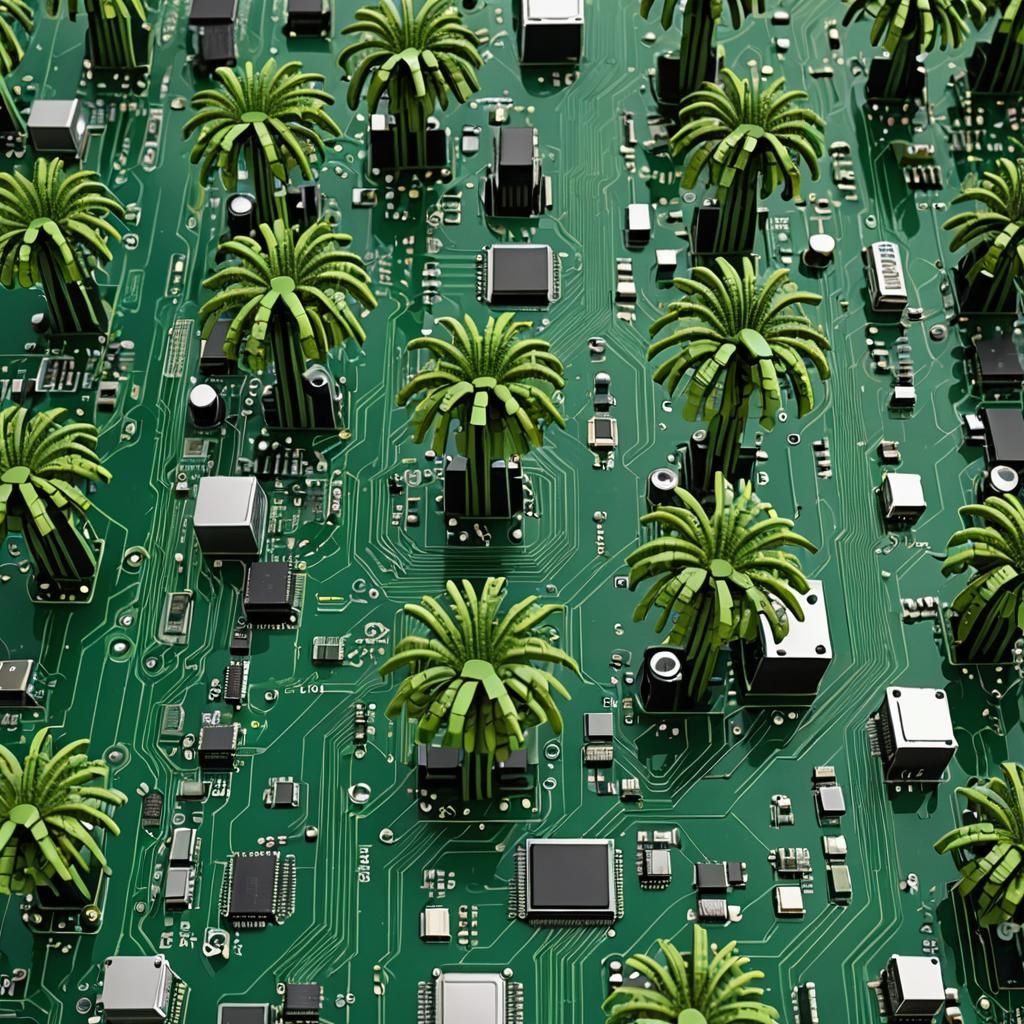 3D Circuit Board with Palm Trees and Skyscraper CPUs