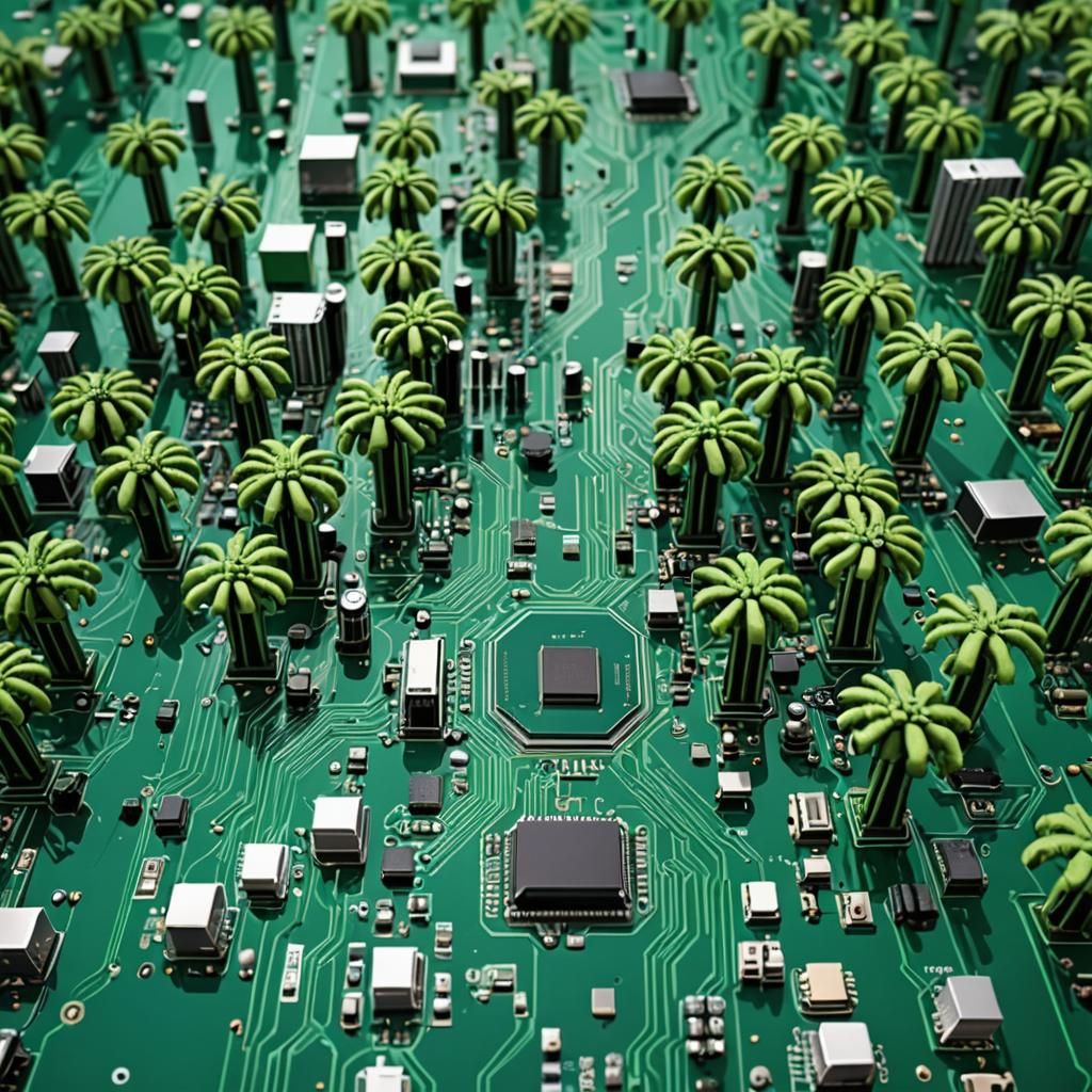 3D Circuit Board Landscape with Palm Trees