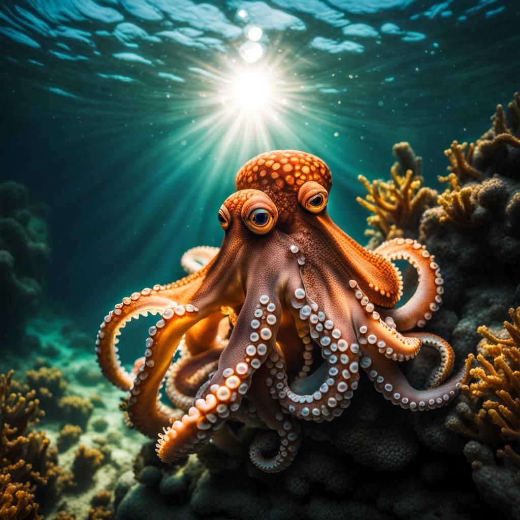 Loving Octopuses Embrace Underwater with Sunshine