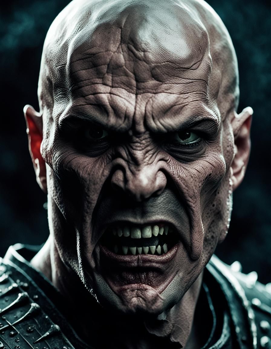 Angry Bald Warrior Portrait with Fangs in Sketch Style