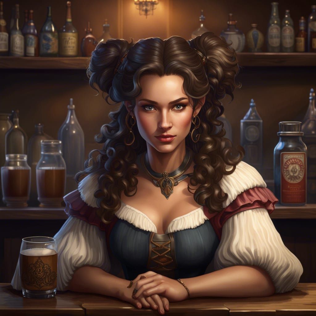 Medieval Tavern Barmaid Portrait in Art Nouveau Style