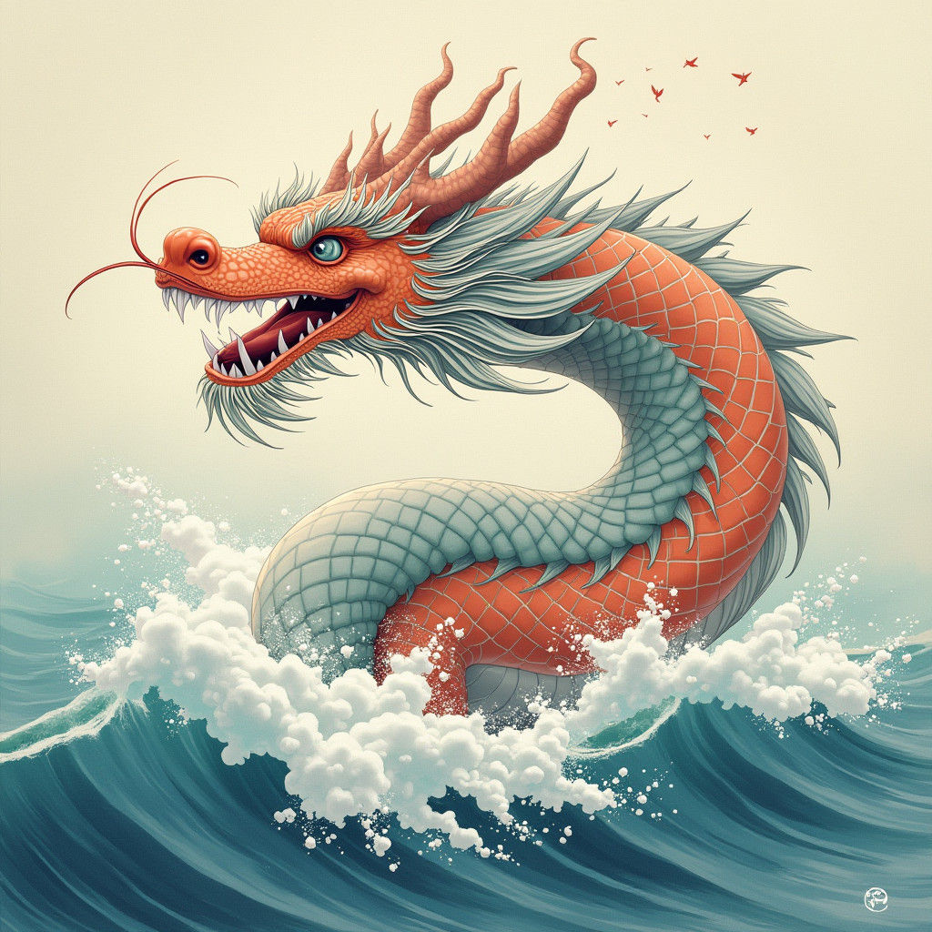 Furry Chinese Dragon with Cloud Wings Runs on Sea