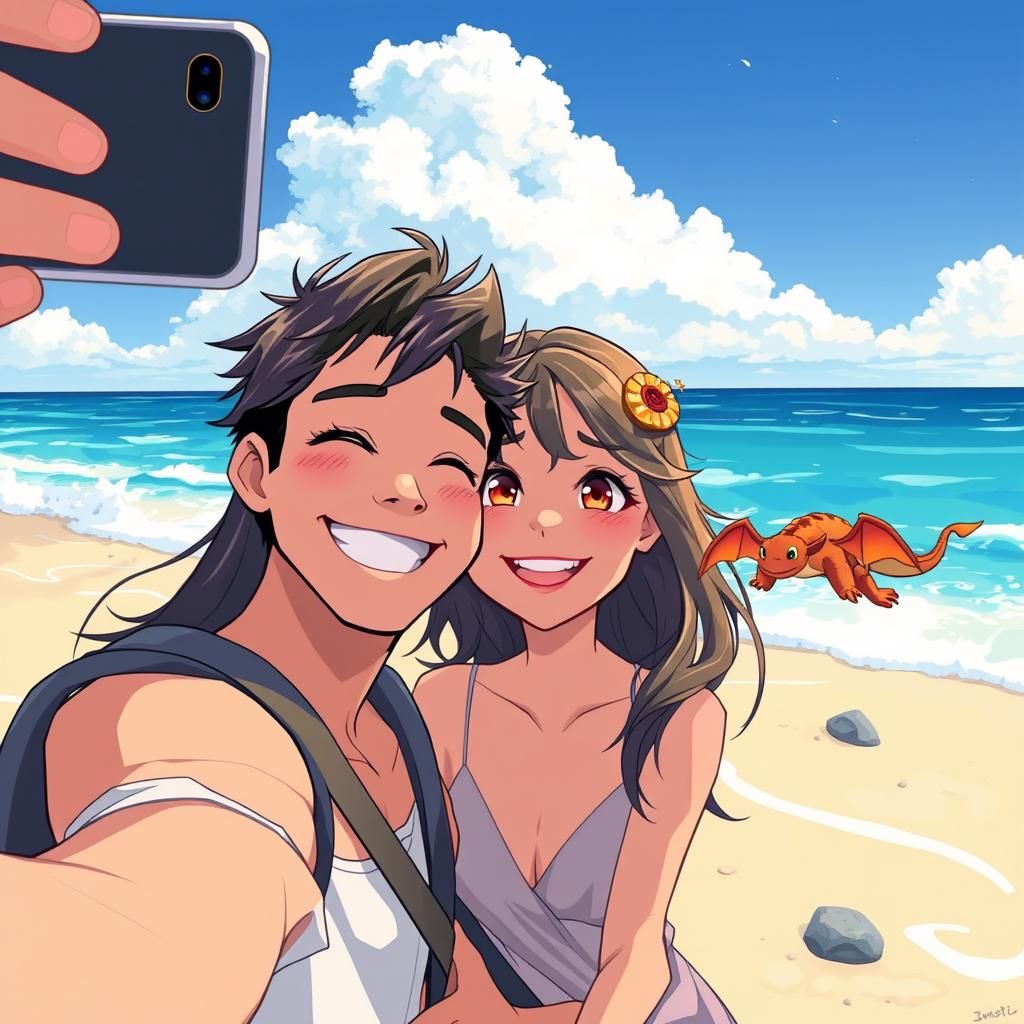 An anime-style scene of a couple taking a selfie at the beac...