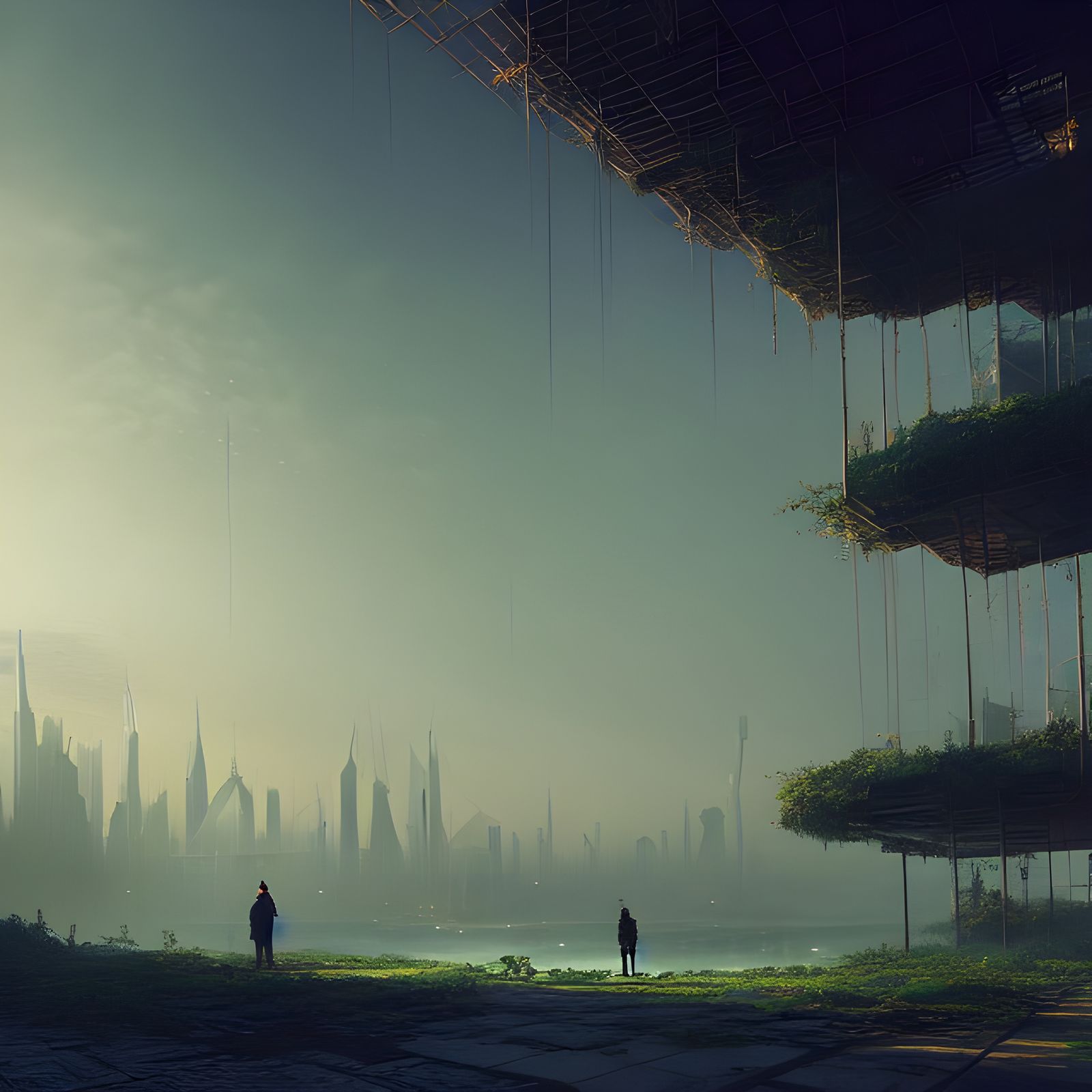 Overgrown Solarpunk Cityscape with Lone Wanderer