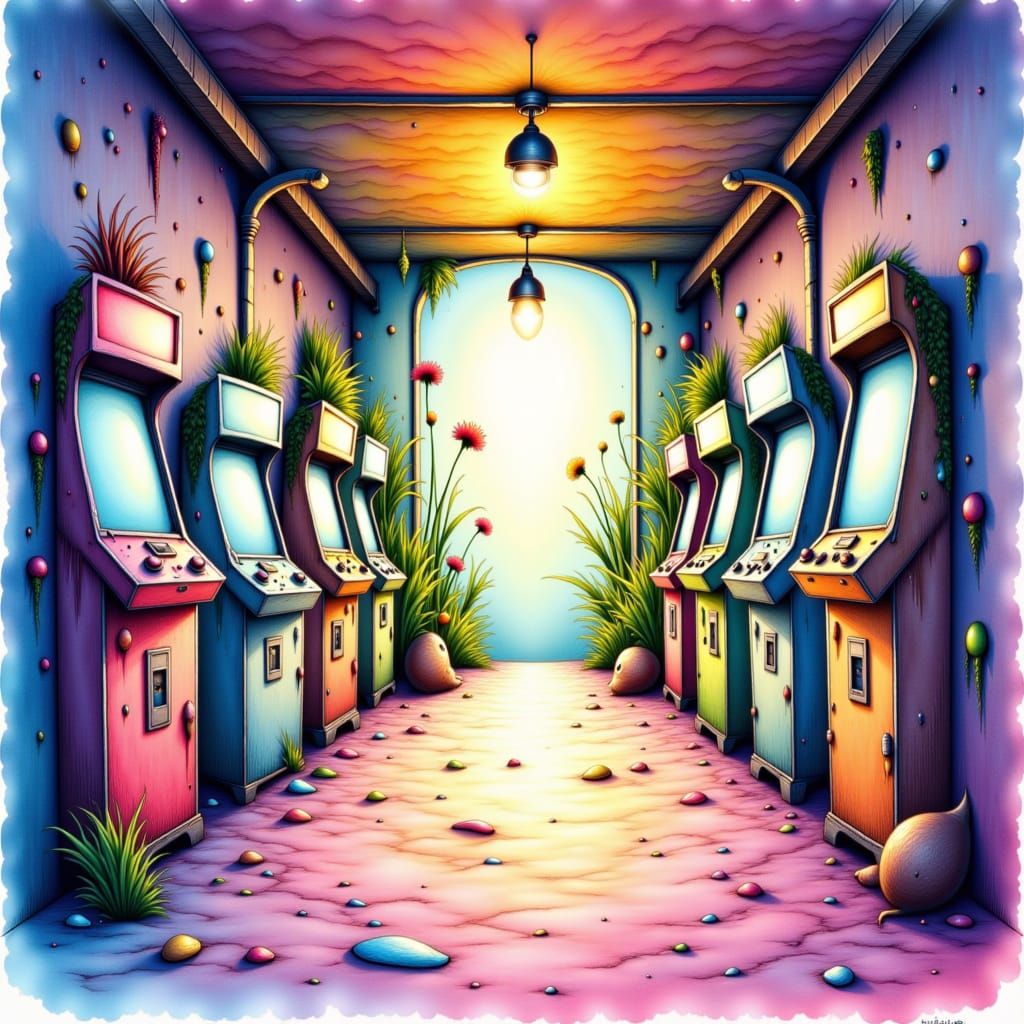 Bright Watercolor of Empty Arcade in Liminal Space