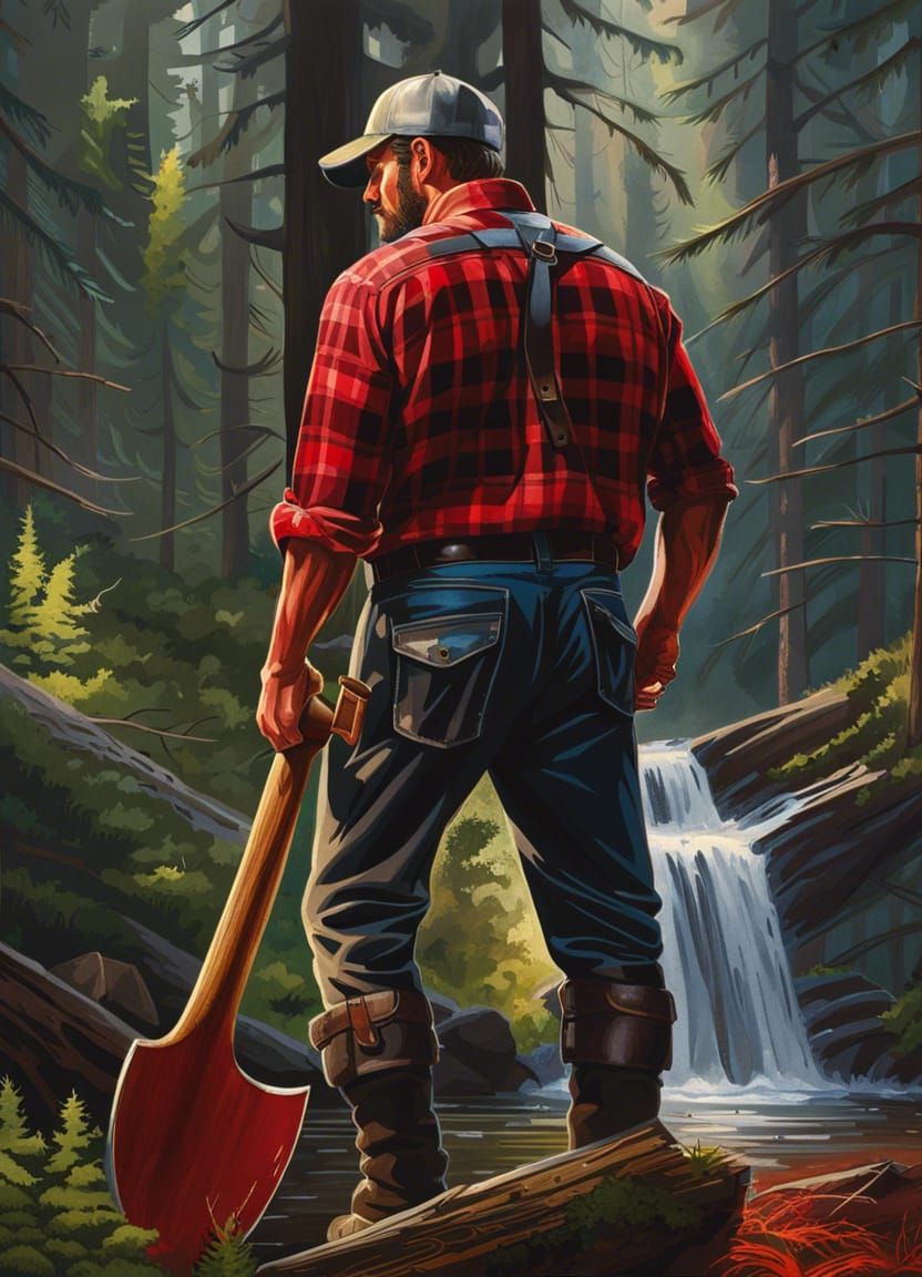 Hyperrealistic Logger with Axe in Forest Splash Art