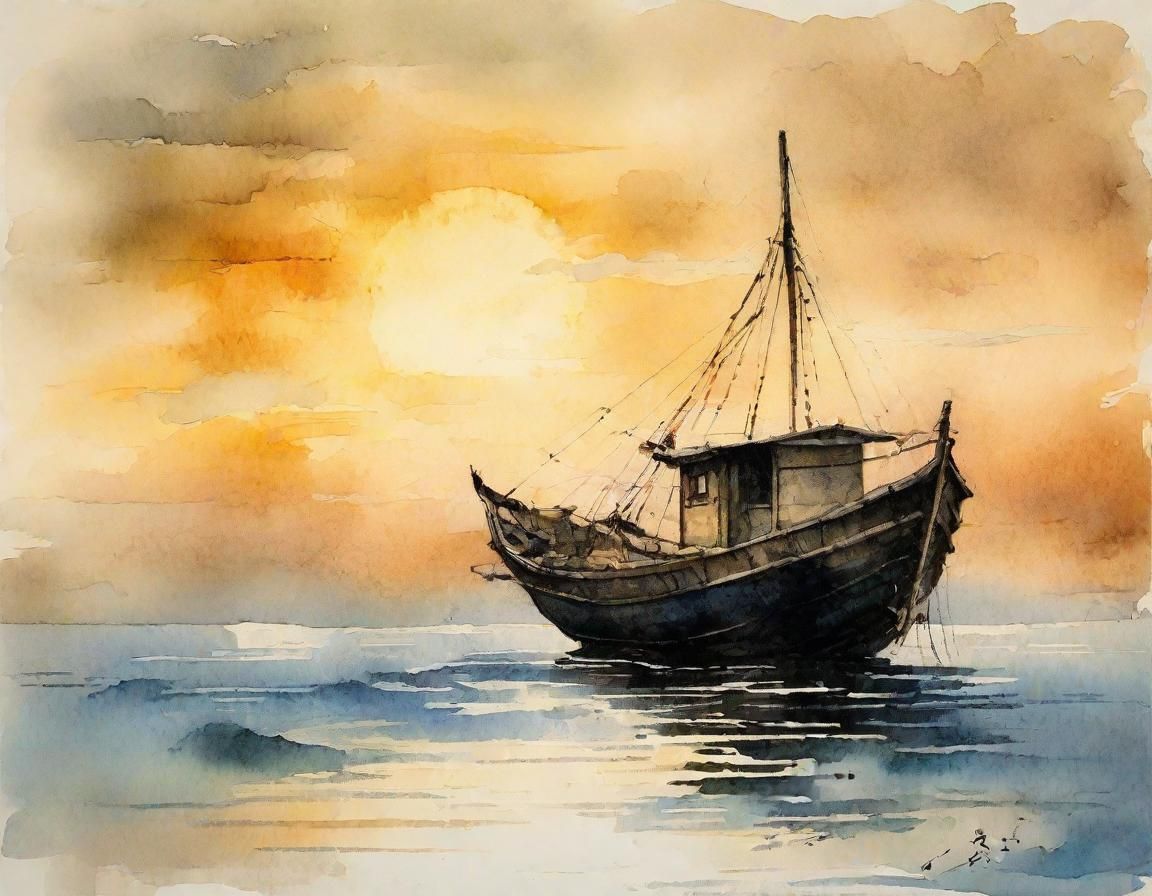 Japanese Fishing Boat at Dawn in Impressionist Style