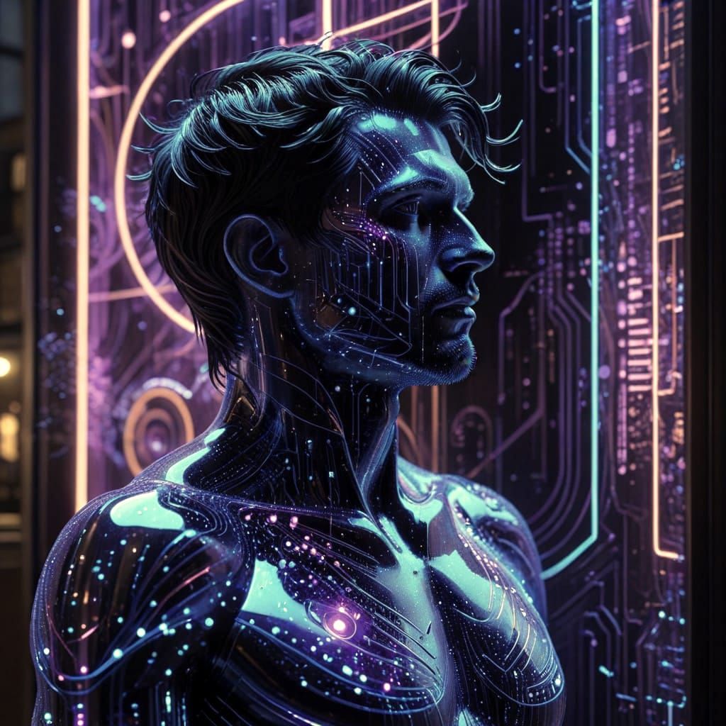 Digital Spirit in Neon City as Art Nouveau