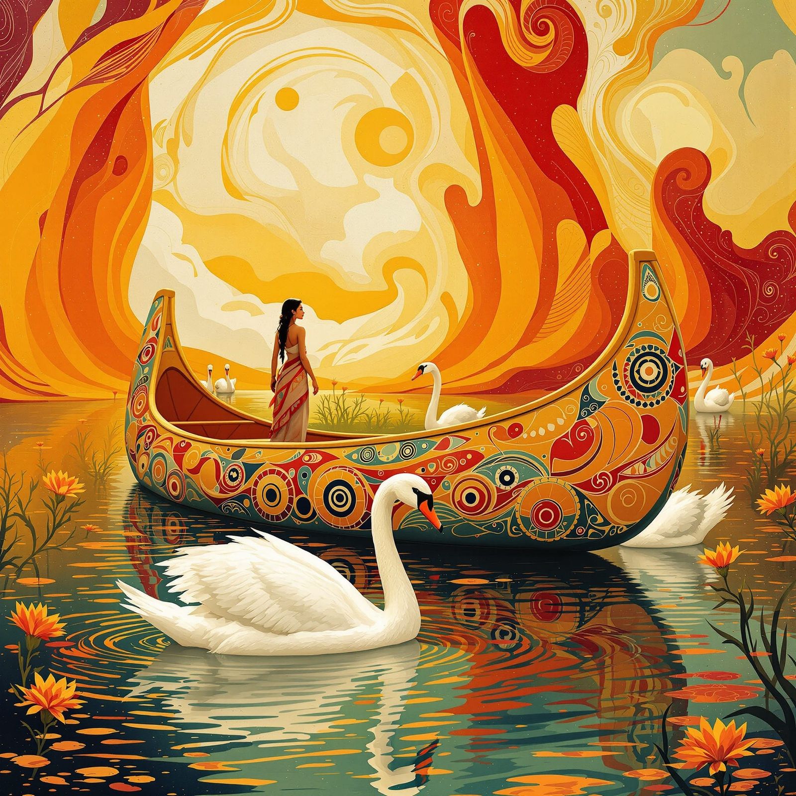 Fantasy Journey: Serene Native American Woman in Canoe of Dr...