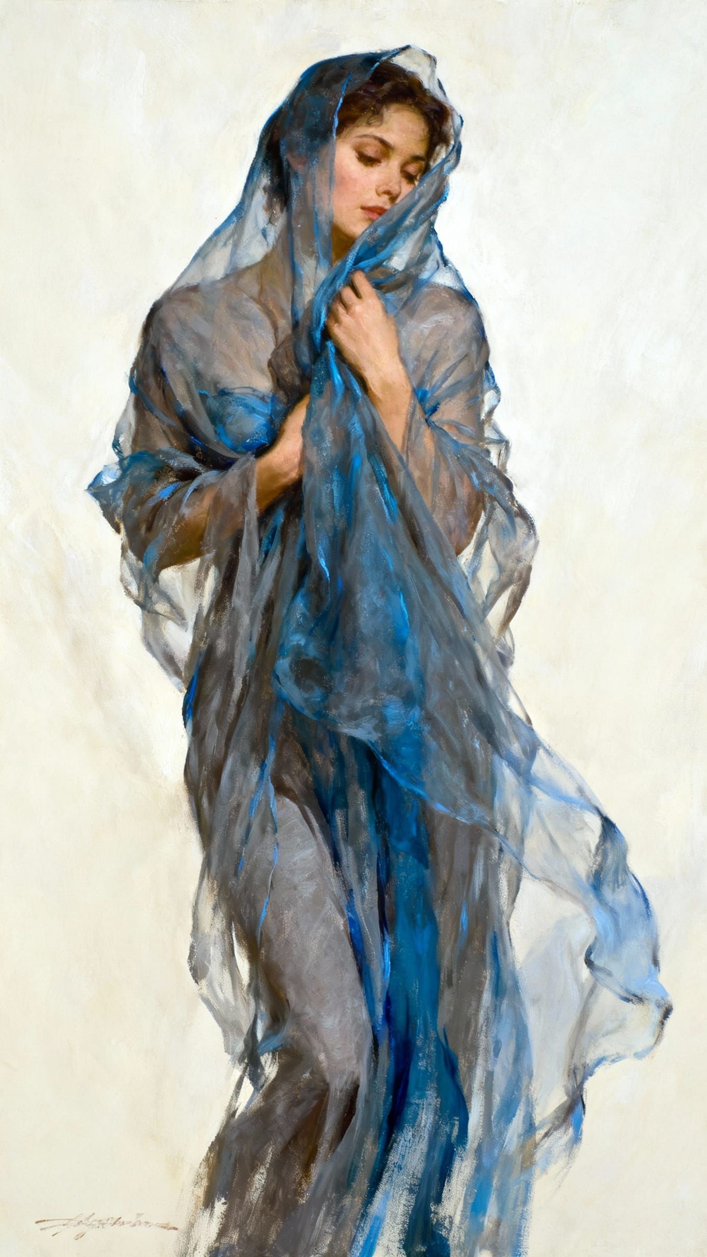 Ethereal Figure in Flowing Blue and Grey Fabric