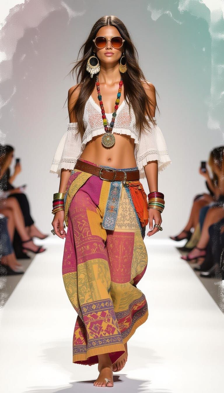 Hippie Woman on Catwalk: Fashion Sketch