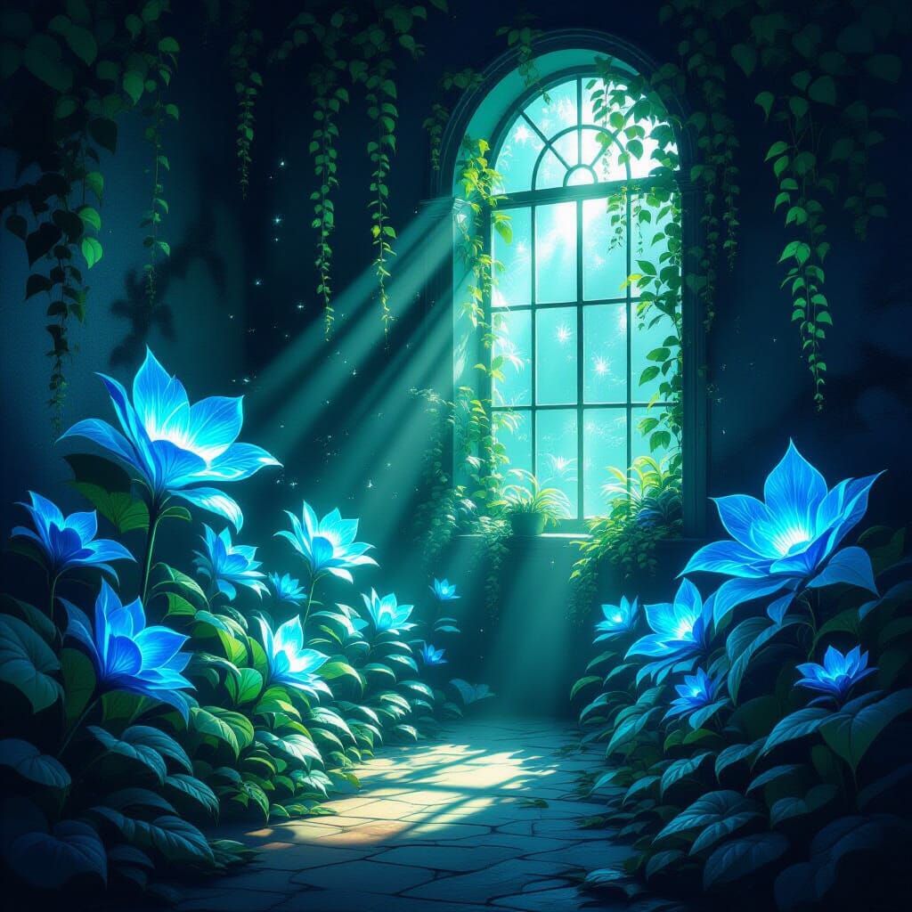 Bioluminescent Magical Plants in Dimly Lit Surreal Room