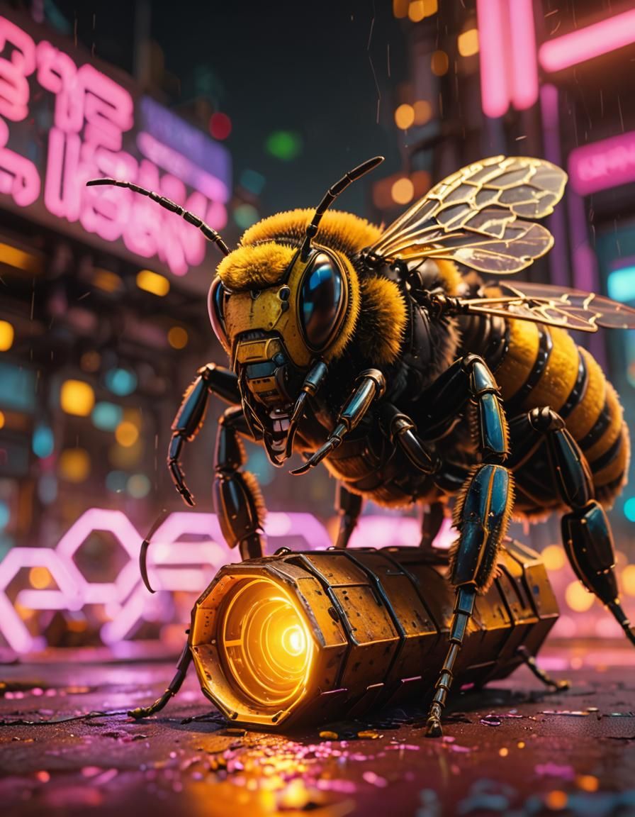 Cyberpunk Bee Mech in Neon Cityscape, 8K Render