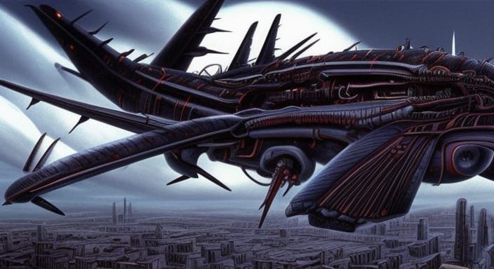 Dystopian City Aircraft Attack in Dark Fantasy Style