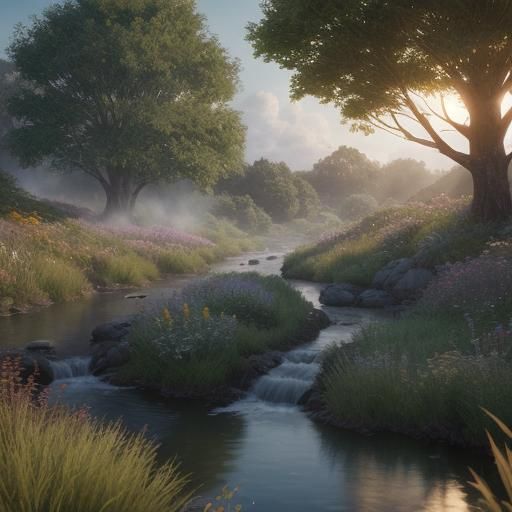 Pixar-Inspired Meadow Landscape with Stream