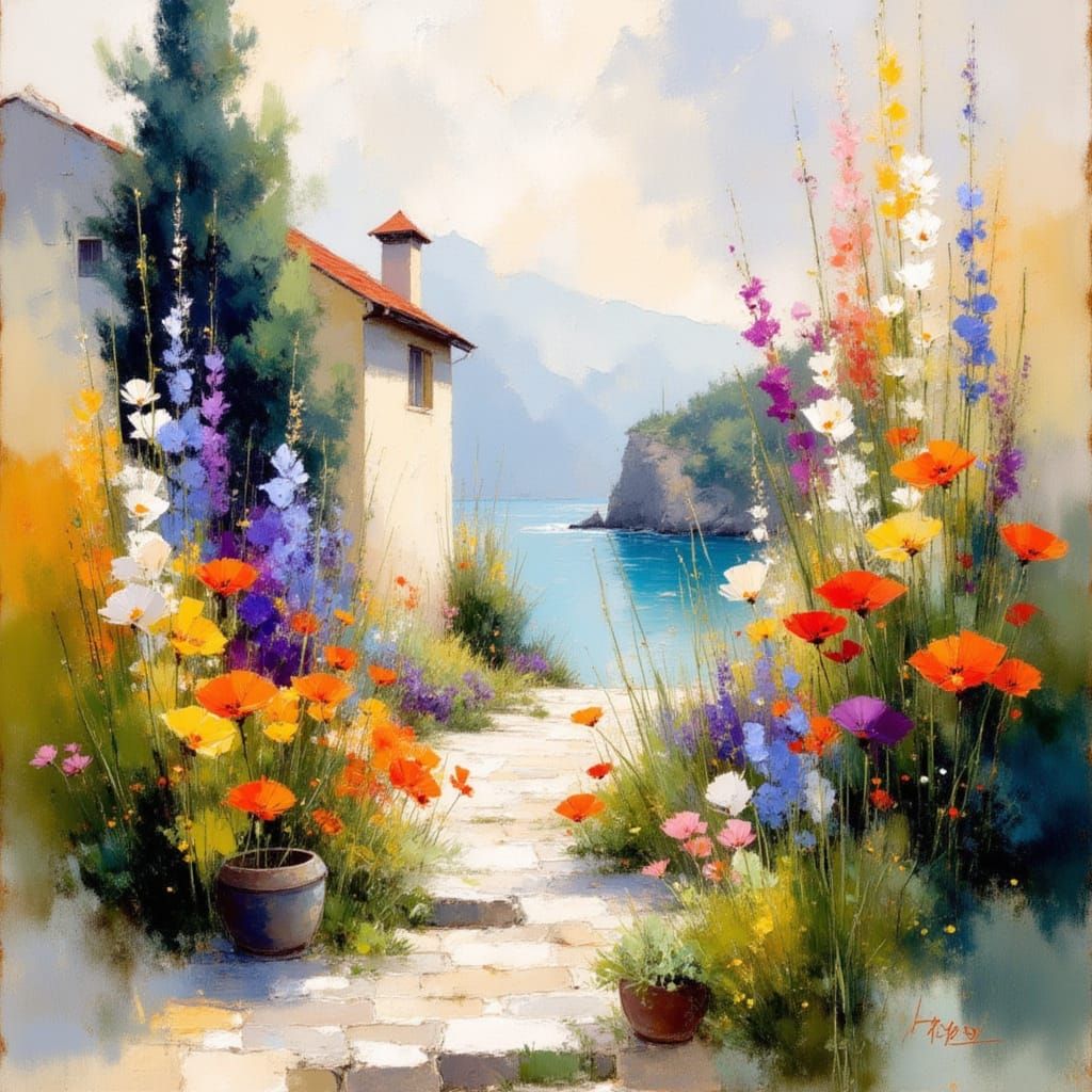 Impressionistic Norwegian Coastal Village on Rainy Day