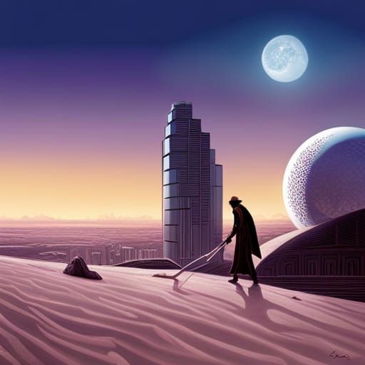 Dusty Futuristic City with Tuareg Explorer in Matte Painting