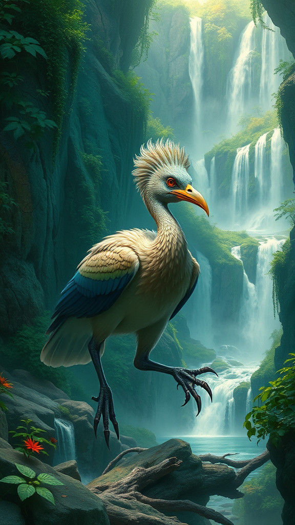 Two-Headed Bird in Emerald Landscape, Fantastical Realism