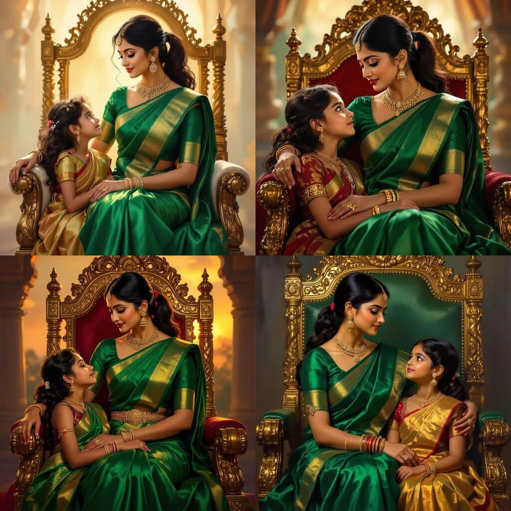 Indian Woman in Green Saree on Throne with Child