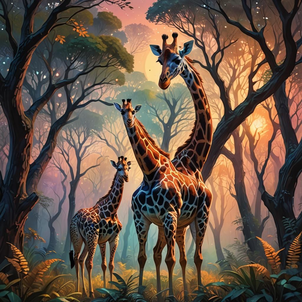 Short-Necked Giraffe in Dreamlike Forest: Oil Painting