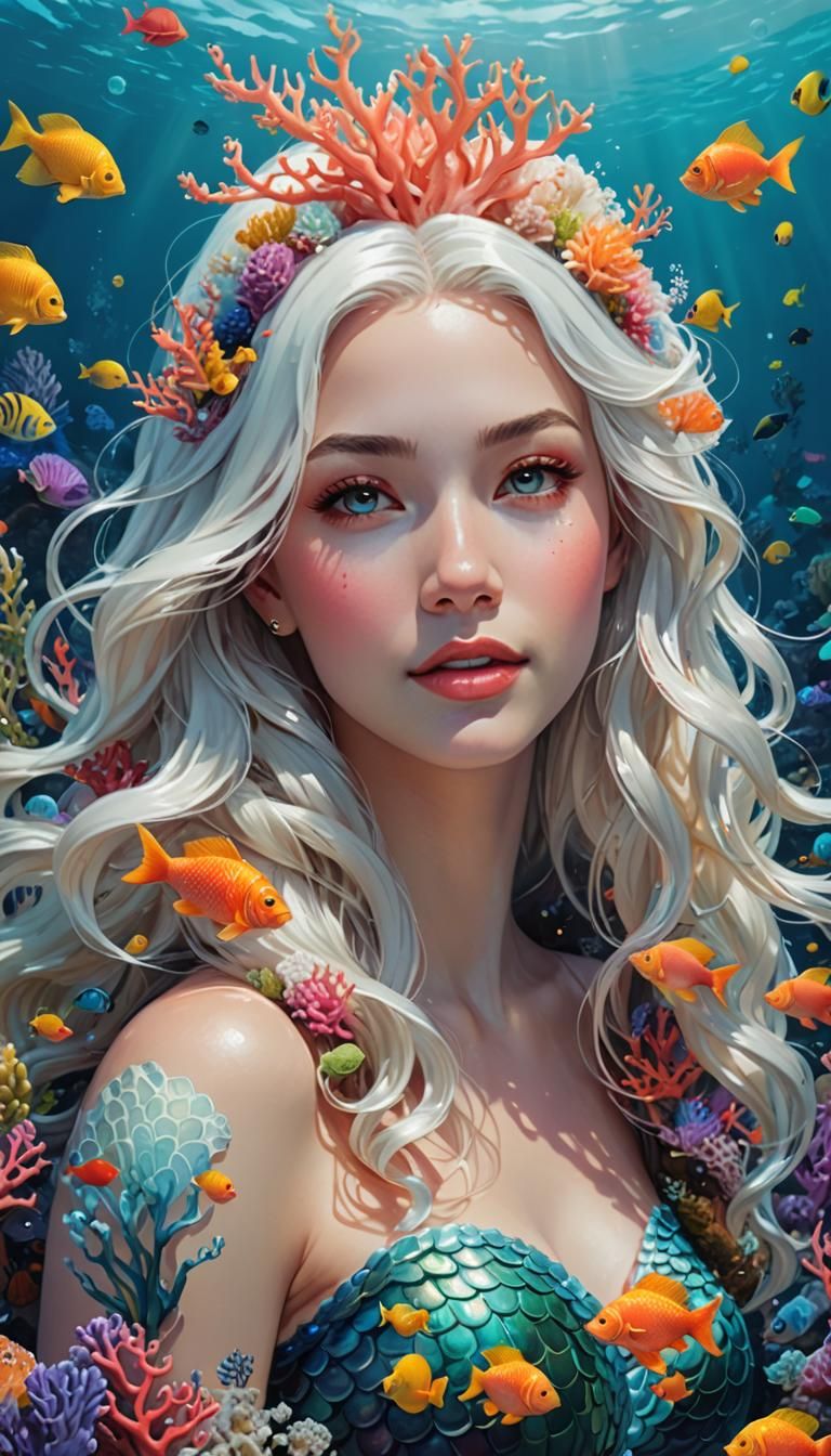 Fantasy Mermaid in Undersea Coral Landscape