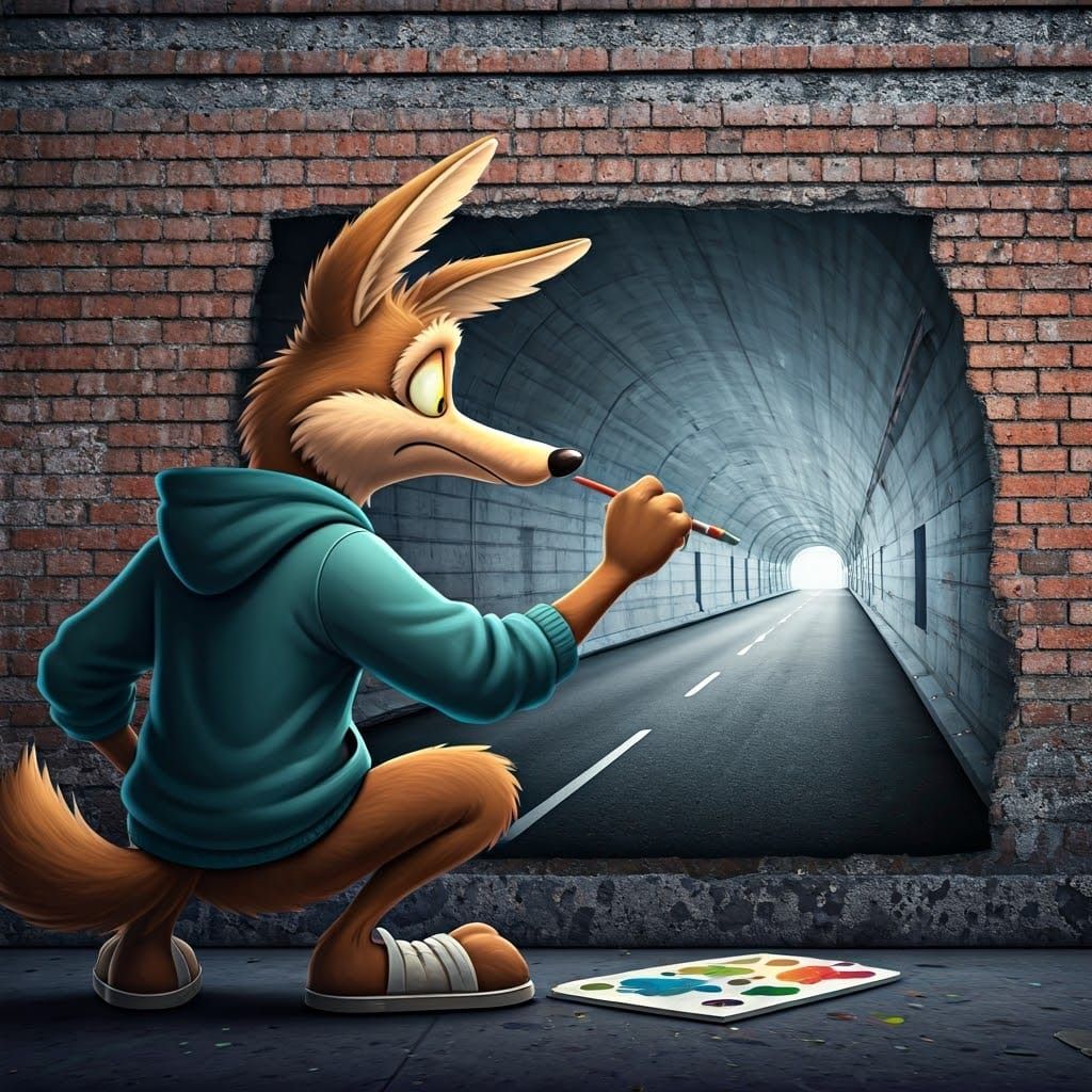 Coyote's Trompe L'oeil Tunnel Art on Brick Wall