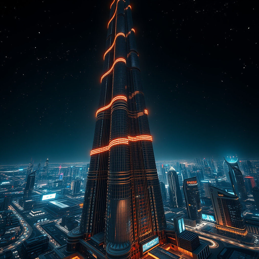 Futuristic Burj Khalifa Cityscape at Night in 8K