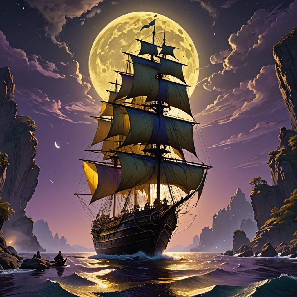 Sailboat Silhouetted in Dark Fantasy Moonlight