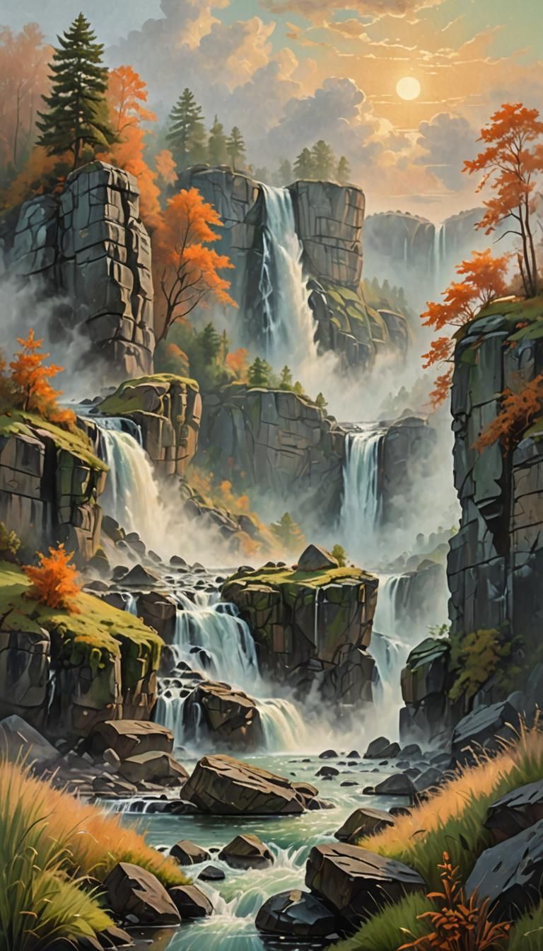 Inspiring Waterfall Oil Painting in Autumn Colors