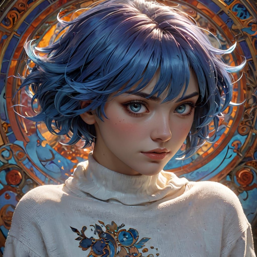 Fierce Blue-Haired Anime Goddess