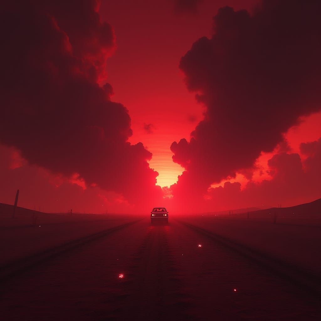 Surreal Desertscape with Neon Lights and Red Sky