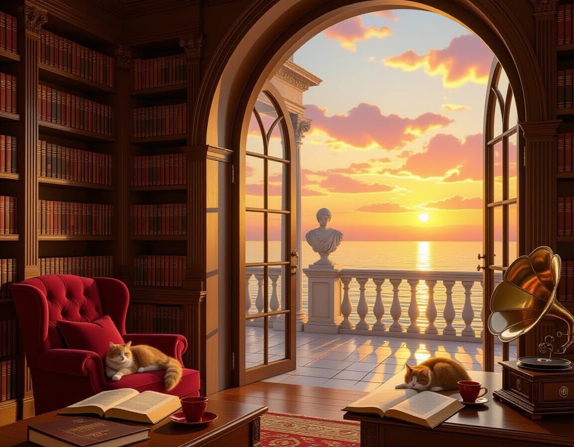 Sunset Library with Seaside Terrace in Painterly Style