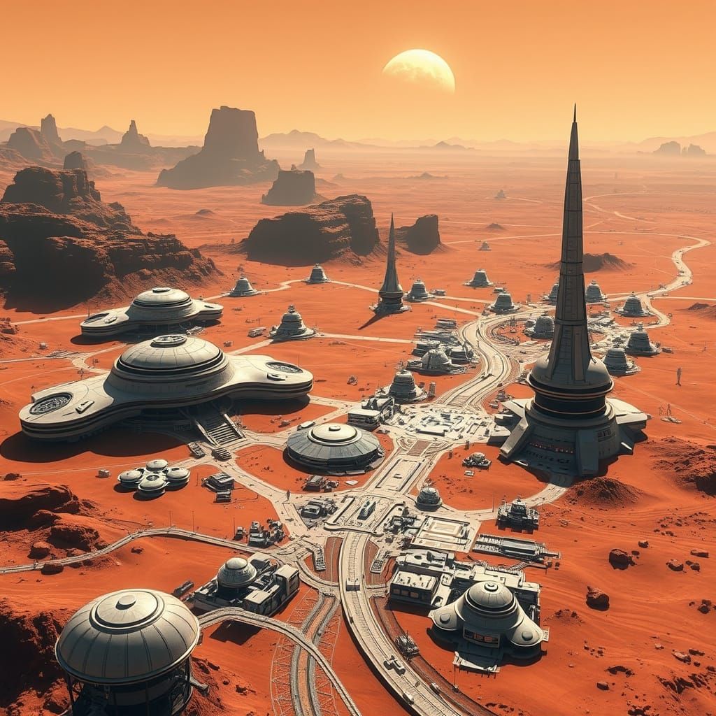 Sleek Futuristic Mars Colony Set Against Rust-Red Landscape