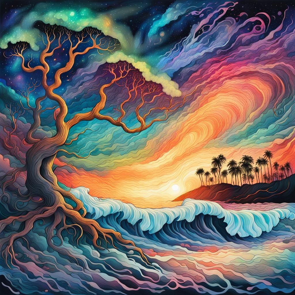 Astral Cosmic Shoreline with Glowing Plants