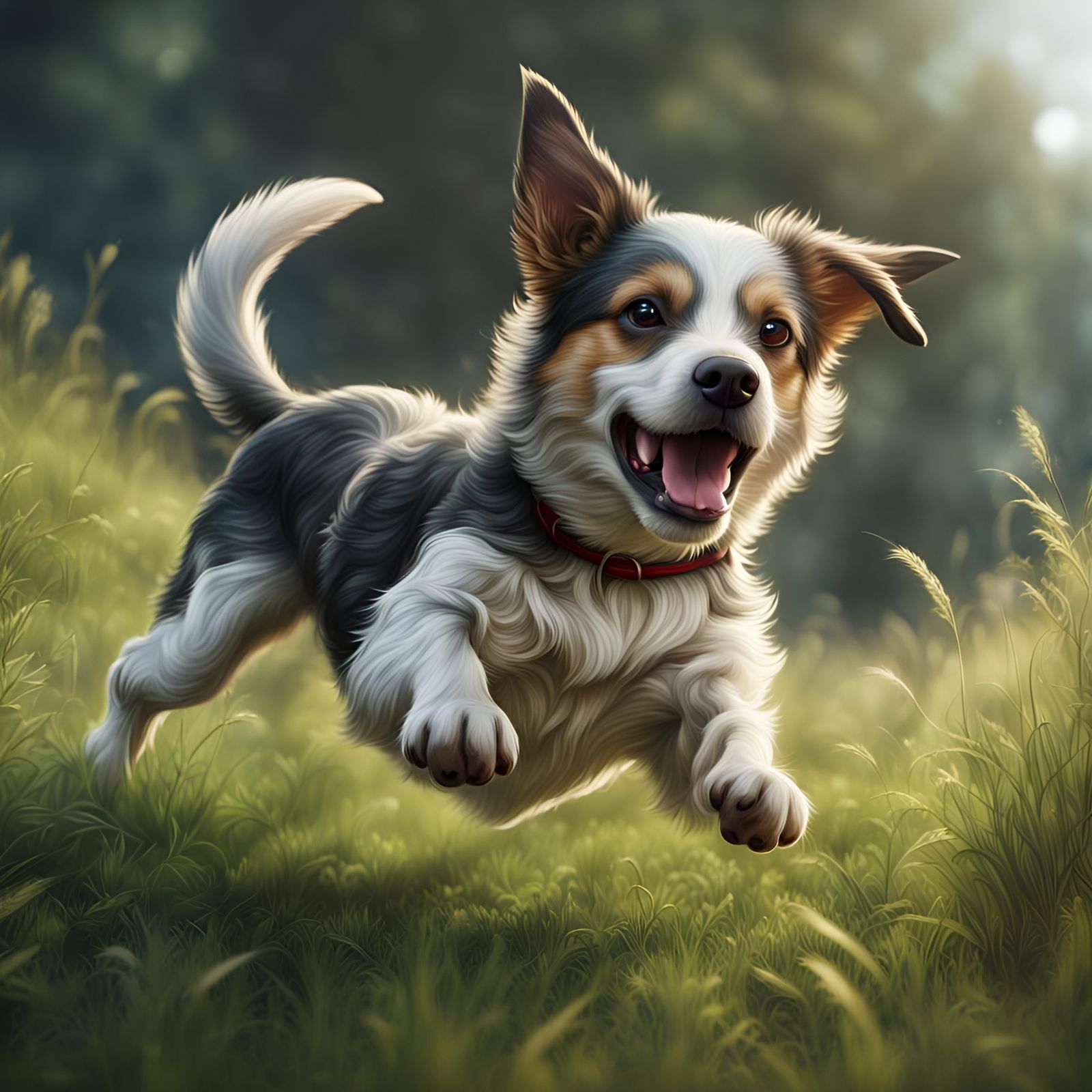 Photorealistic Dog Mid-Leap in Grassy Field