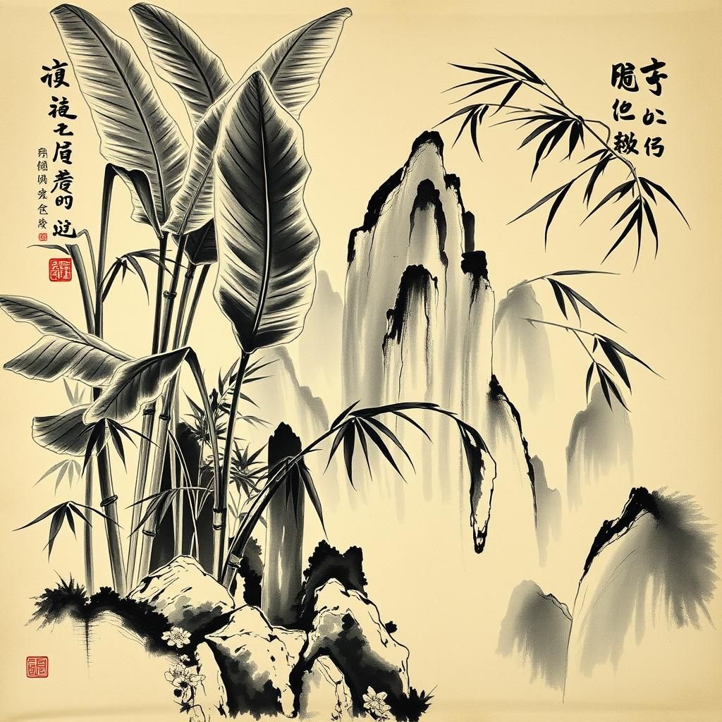 Chinese Ink Painting of Banana Leaves and Bamboo