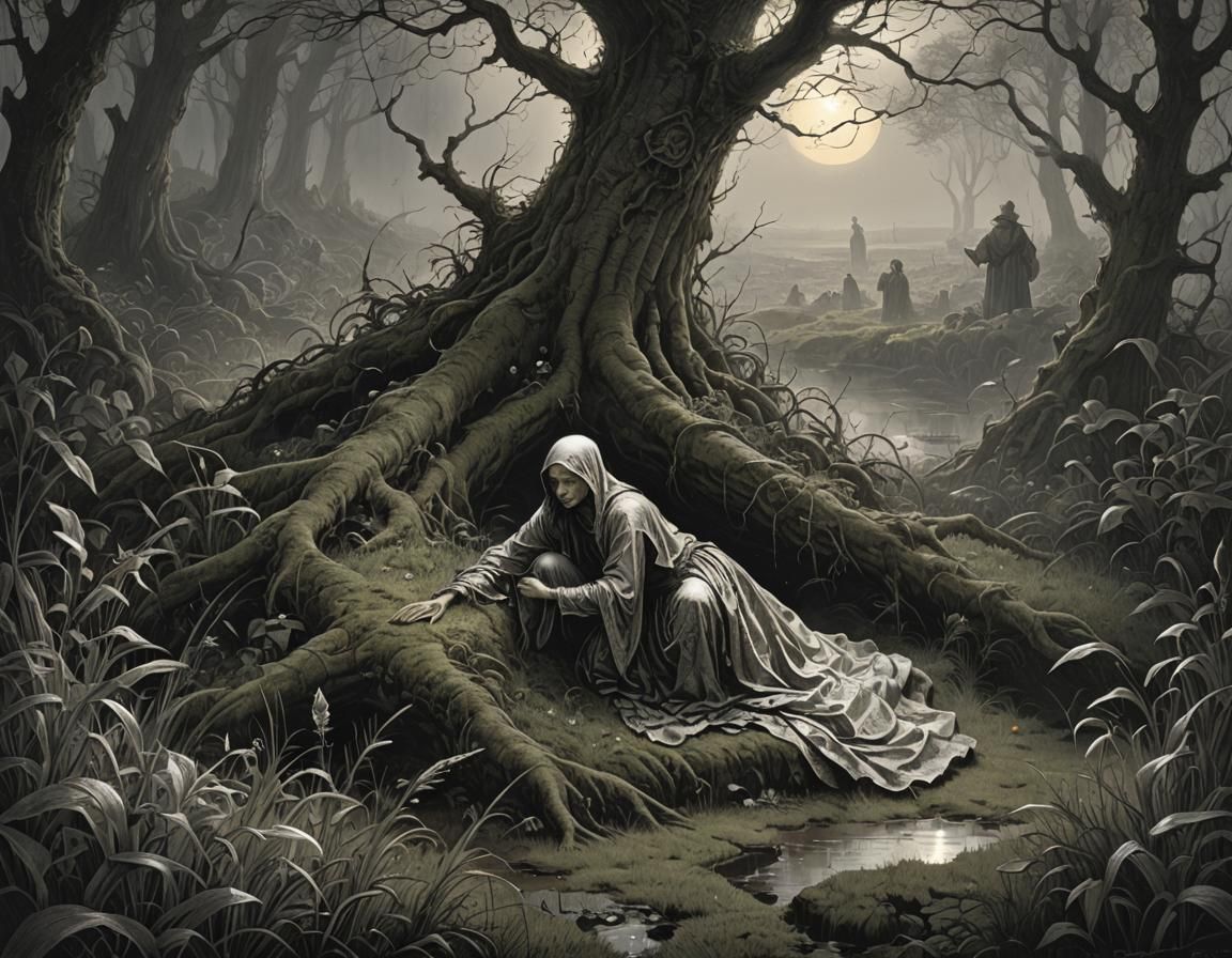 Ethereal Dewdrops: A Dark Fantasy Illustration