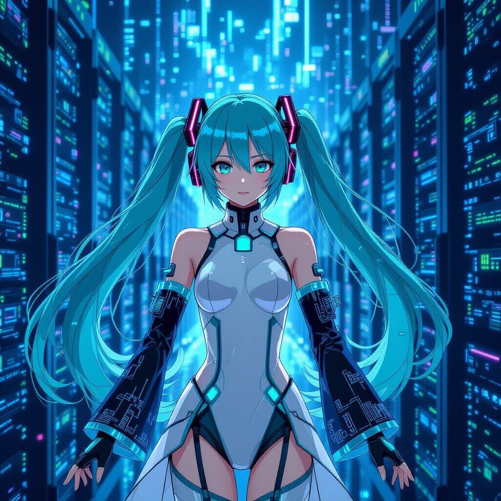 Hatsune Miku: Digital Goddess in Cyberpunk Style