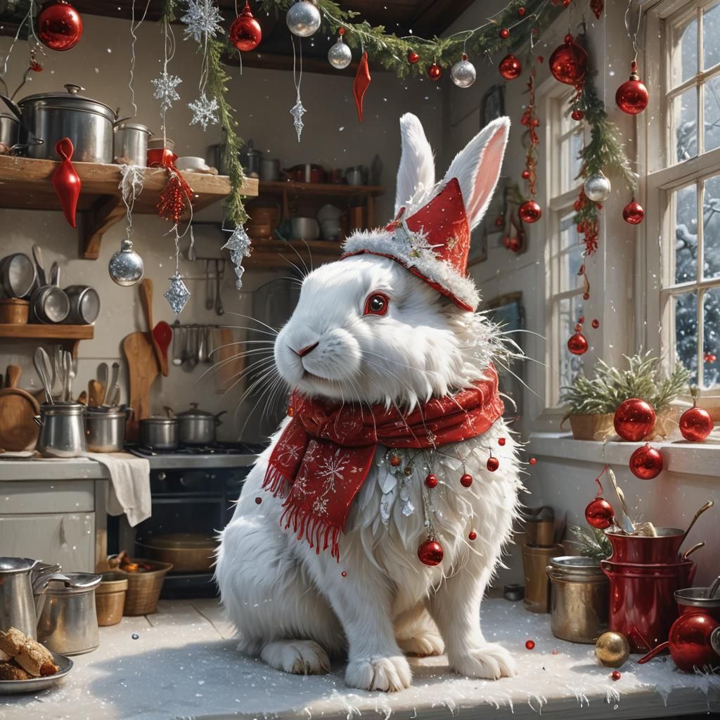 Festive Rabbit in Cozy Christmas Kitchen, Fantasy Digital Ar...