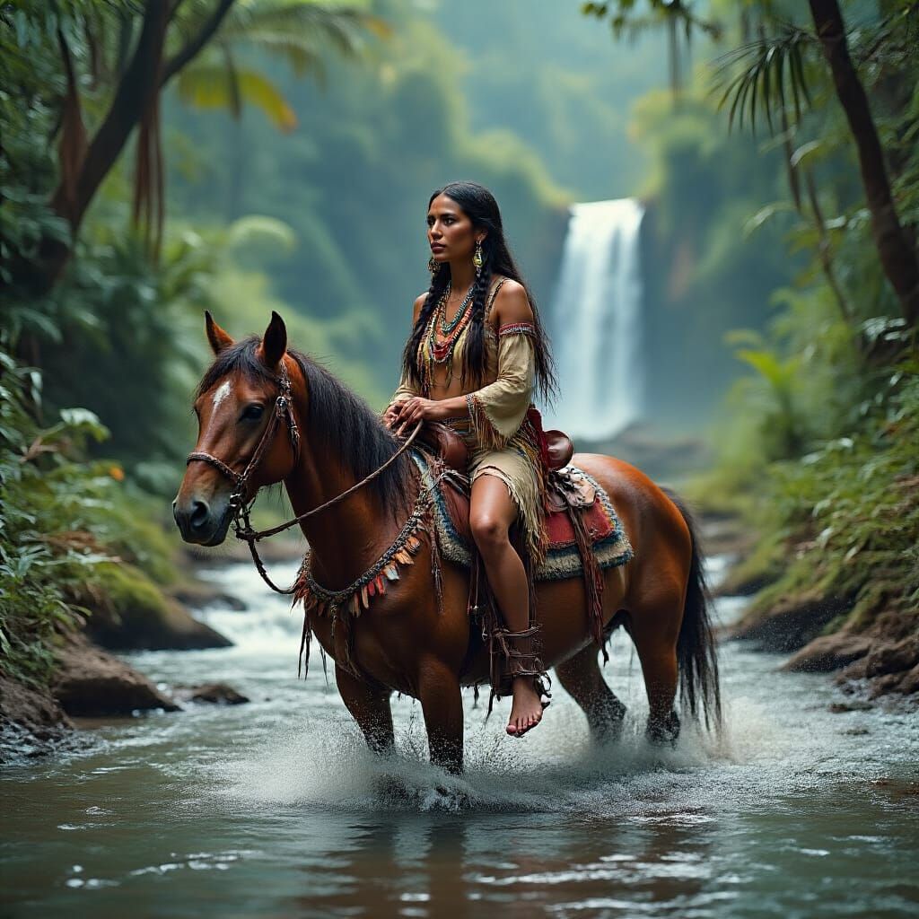 Native American Woman Rides Horse Through Jungle