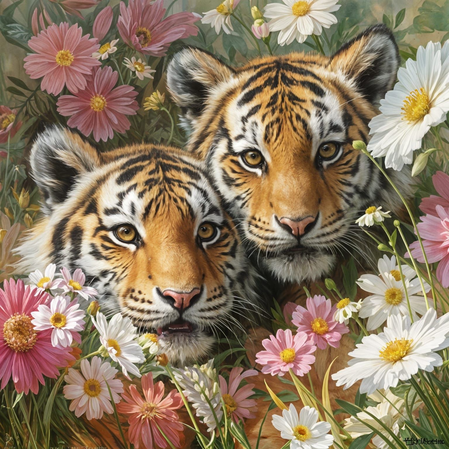 Adorable Tiger Cubs in Watercolor Floral Scene