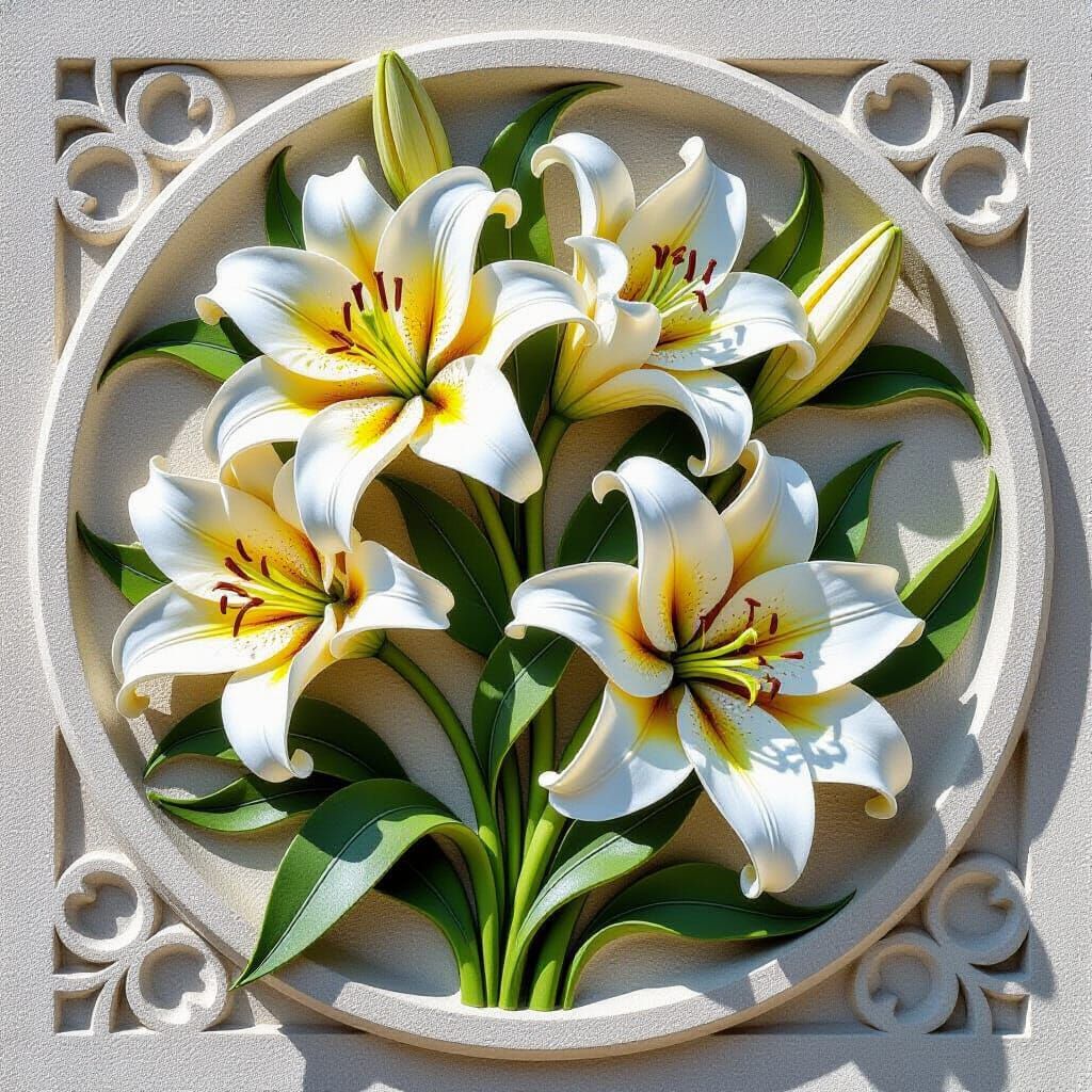 Art Nouveau Stone Sculpture with Sunlight and Lilies