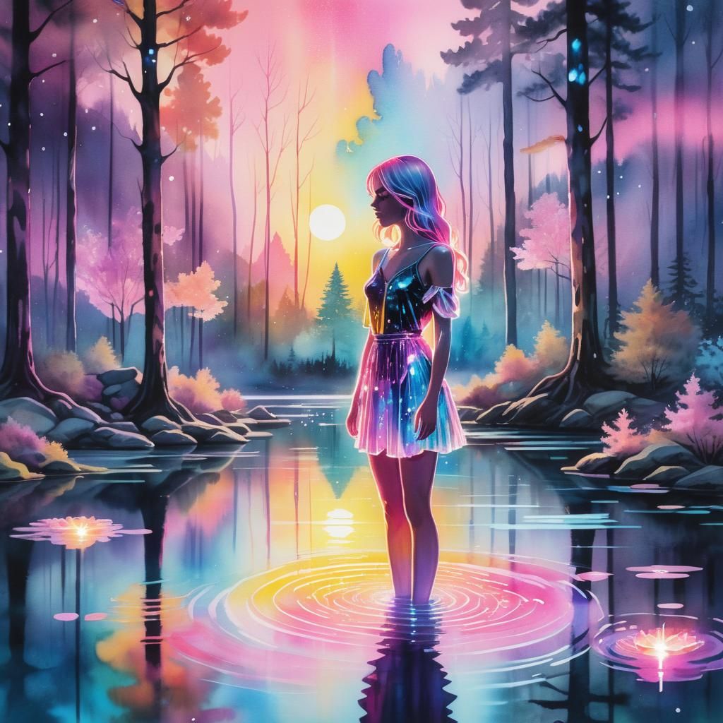 Crystal Girl in Neon Watercolour Dreamscape