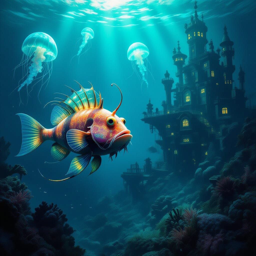 Bioluminescent Anglerfish in Sunken Steampunk City