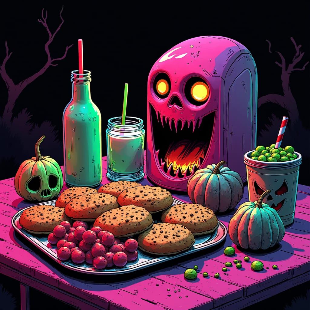 Spooky Halloween Snacks in Synthwave Comic Style
